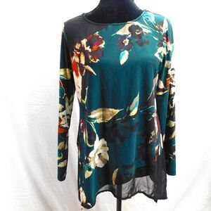 Melissa Paige M Green Floral Print w/ Black Mesh Accents Blouse Assym EUC